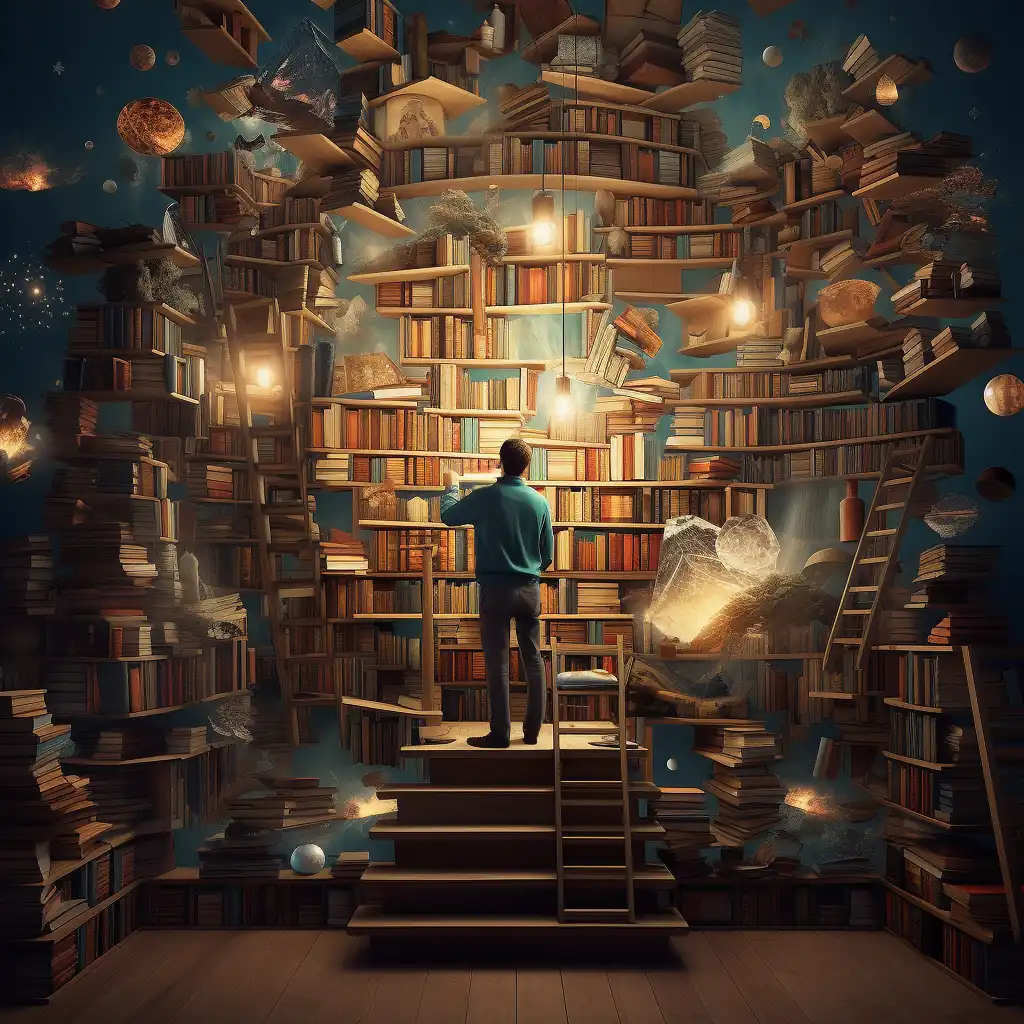 Una persona en una escalera rodeado de libros